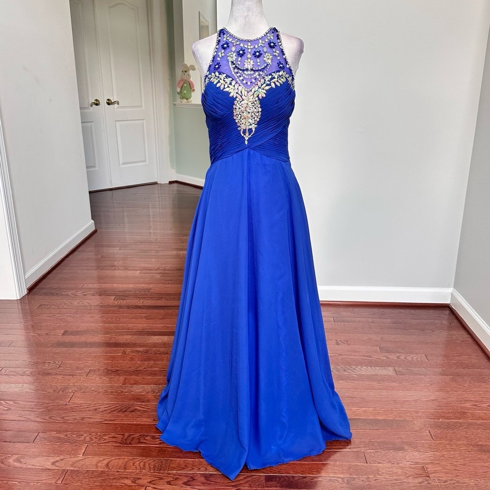 Custom Blue Iridescent Embellished‎ Beaded Unique High Neck Gown Dress Size 4